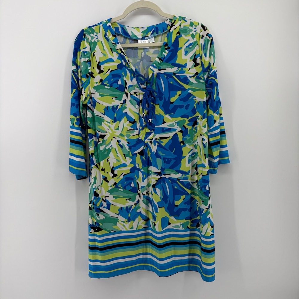 Beach Break Medium Blue Green‎ Floral Tunic Dress Lace Up V-Neck 3/4 Sleeve